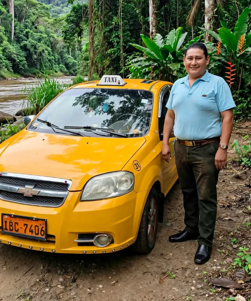 José Luis Añarumba, conductor de Taxi Sacha Seguro, junto a la unidad 31 con placa IBC-7406